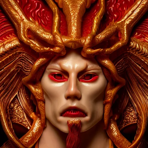 Image similar to a closeup portrait photo, alabaster and ruby real delicate ceramic porcelain sculpture of an ornate detailed humanoid dragon demon devil god in front of an intricate background by rafael, micro detail, backlit lighting, subsurface scattering, translucent, thin porcelain, fire, flames, amber, octane renderer, colorful, physically based rendering, trending on cgsociety