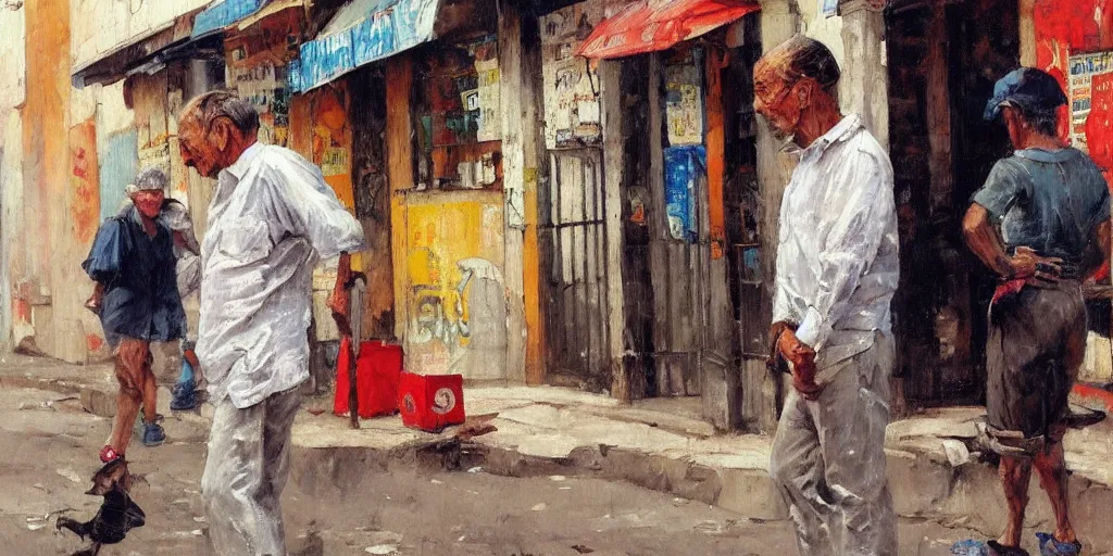 Image similar to old man on street corner in favela painting by vladimir volegov, norman rockwell, tom of finland, coherent high res clarity, trending on artstation