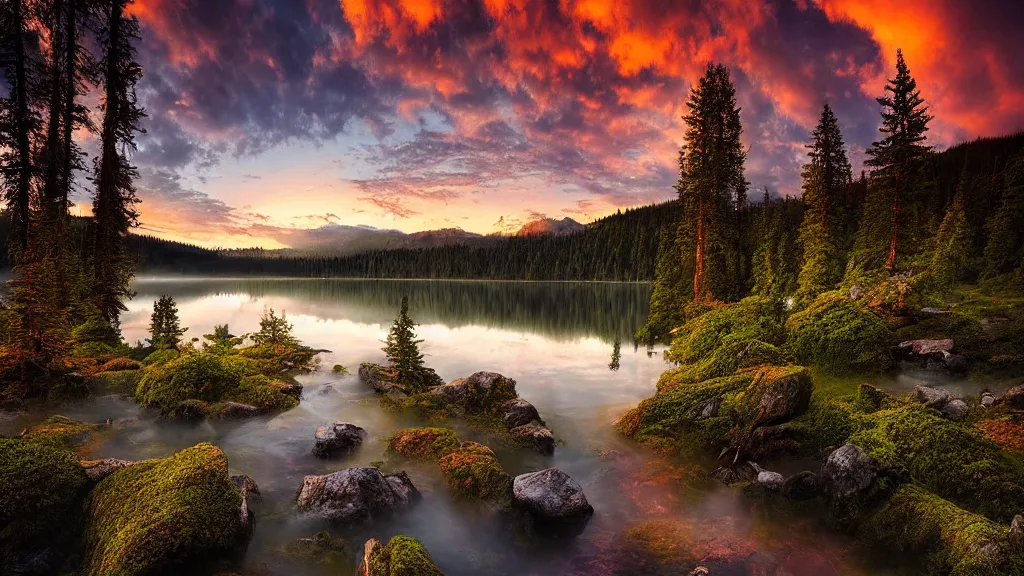 Image similar to amazing landscape photo of a forest with lake in sunset by marc adamus, beautiful dramatic lighting