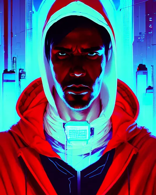 Image similar to cyberpunk synth, hyper - realistic portrait of a man in a white and red hoodie, cyberpunk, by atey ghailan, by greg rutkowski, by greg tocchini, by james gilleard, by joe fenton, by kaethe butcher, dynamic lighting, gradient light blue, brown, cinematic lighting color scheme, sharp focus, grunge aesthetic