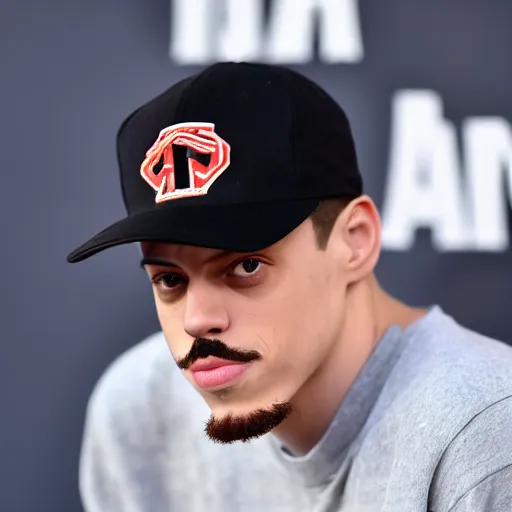 Image similar to pete davidson with a mustache and a black baseball hat, closeup photo