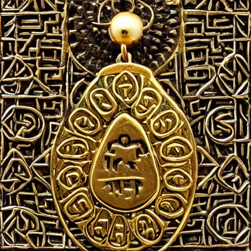 Image similar to african golden amulet, ornate details, damaged, patterns and symbols all around the amulet, clean white background