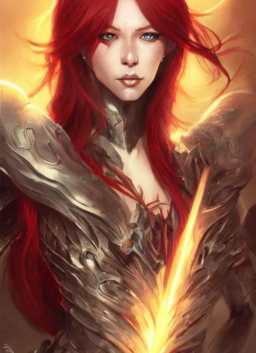 Image similar to beautiful warrior lady, red long hair, practical armor, shiny white skin, demonic eyes, low fantasy, extremely detailed, sharp focus, smooth, digital illustration, by rossdraws, frank franzzeta, sakimichan