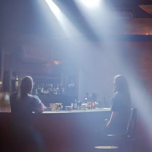 Image similar to a still of jesus sitting down on a stool at the bar, last call. it's dark and smoky. god rays through fog.