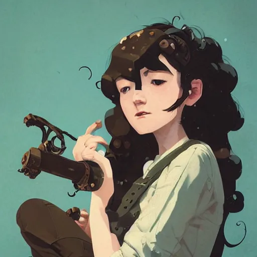 Image similar to Highly detailed portrait of a dieselpunk young lady with, freckles and wavy hair by Atey Ghailan, by Loish, by Bryan Lee O'Malley, by Cliff Chiang, by Greg Rutkowski, inspired by image comics, inspired by graphic novel cover art, inspired by nier!! Gradient color scheme ((grafitti tag brick wall background)), trending on artstation