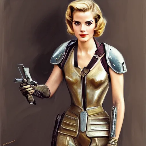 Prompt: A combination of Grace Kelly's and Emma Watson's and Ashley Greene's appearances with blonde hair wearing Power armor, full body portrait, western, D&D, fantasy, intricate, elegant, highly detailed, digital painting, artstation, concept art, matte, sharp focus, illustration, art by Donato Giancola and James Gurney