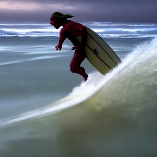 Image similar to stunning awe inspiring yoda surfing, movie still 8 k hdr atmospheric lighting