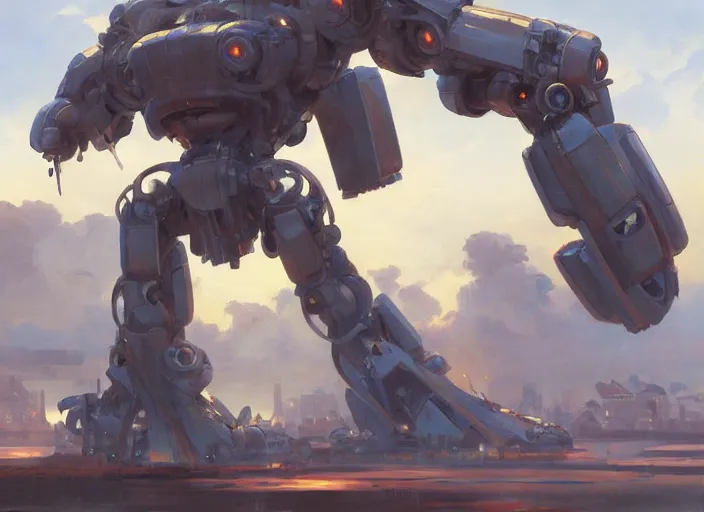 Prompt: an intricate oil painting of a giant anime robot with rounded and circular parts by steve henderson and greg rutkowski