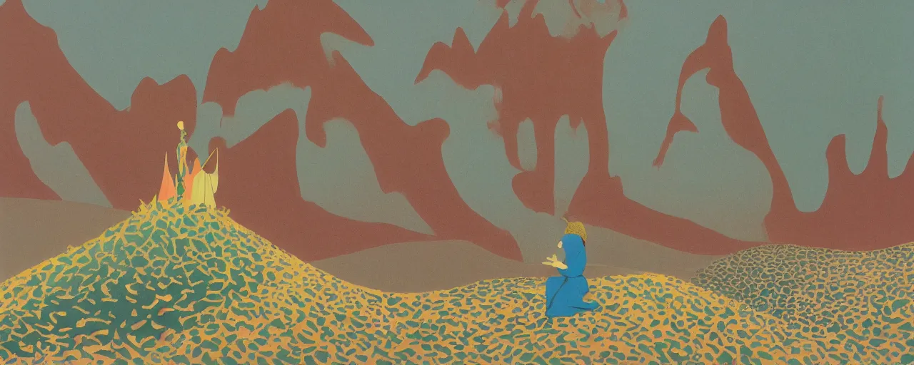 Image similar to deep golden sand desert, sand dunes, small oasis, sand mists, red sandstone natural sculptures, desert flowers, subtle color variations, highly detailed, wind, a white robed benevolent magician clothed in a royal garment in contemplation meditating upon God, by Eyvind Earle and Mary Blair