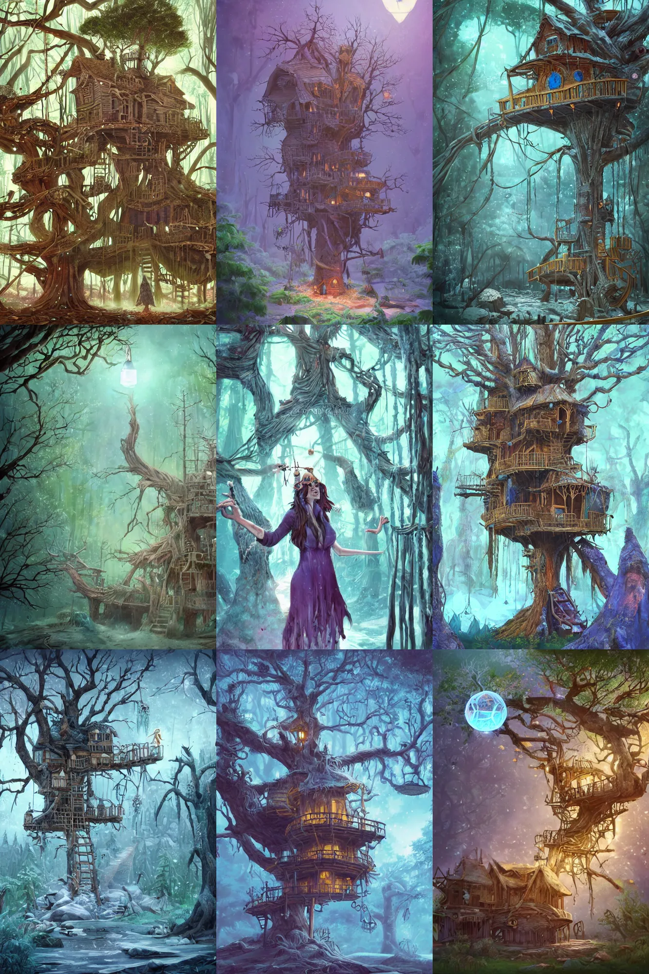 Prompt: A sorceress casting a ice ball, A treehouse made out of a derelict pirate ship, the treetops of giant oaks, detailed illustration, digital art, overdetailed art, concept art, highly saturated colors, detailed illustration, hd, 4k, digital art, cgsociety and beeple highly detailed, cinematic lighting, illustration, art, very coherent. high detail, Dan Mumford, Greg, Rutkowski, trending on artstation