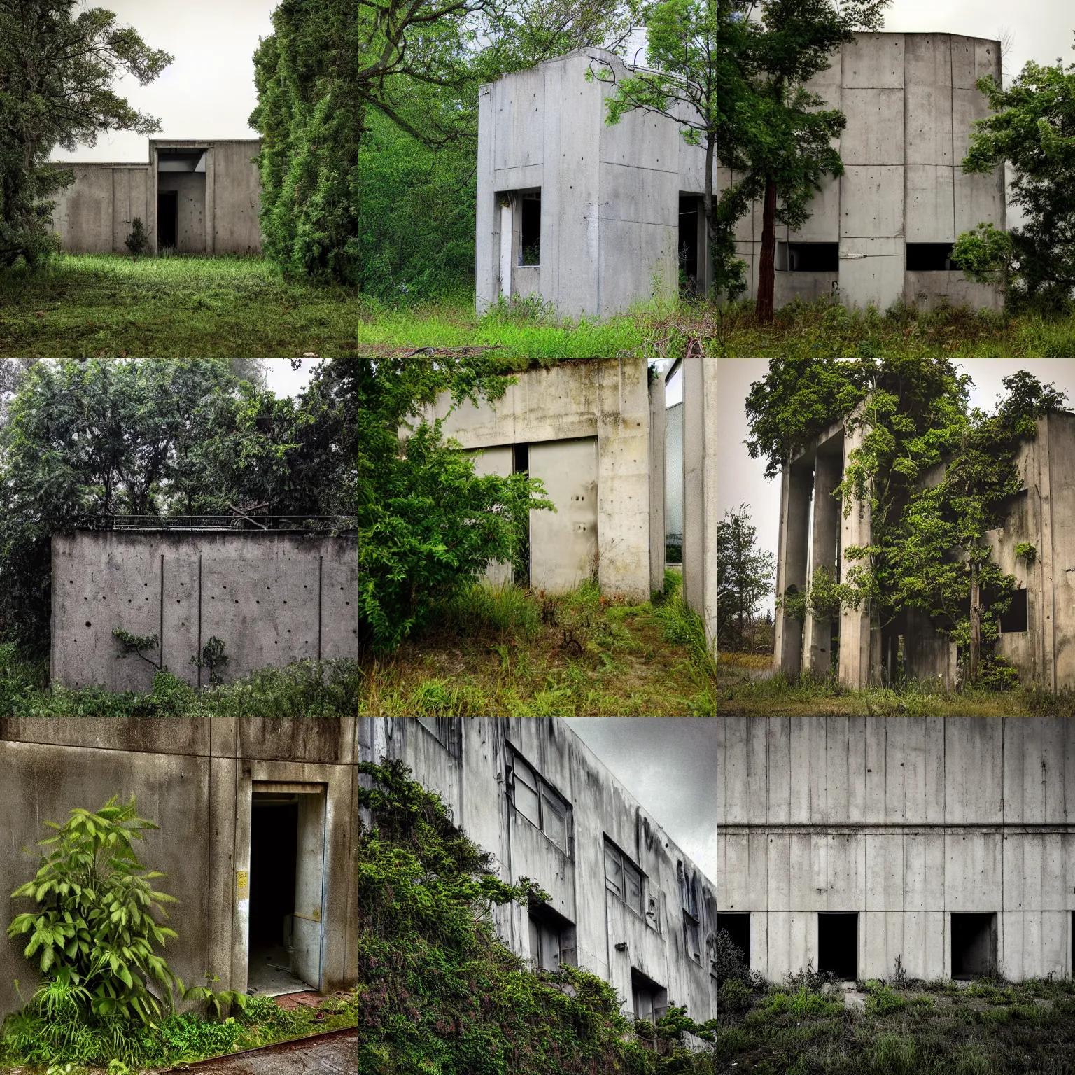 Image similar to Abandoned concrete building with plants and trees, overcast, low saturation photo