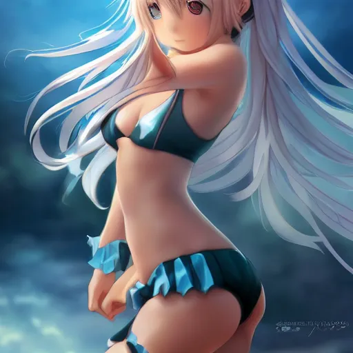 Image similar to a very beautiful young anime chess girl, full body, long wavy blond hair, sky blue eyes, full round face,, bikini, miniskirt, front view, mid - shot, highly detailed, cinematic wallpaper by stanley artgerm lau