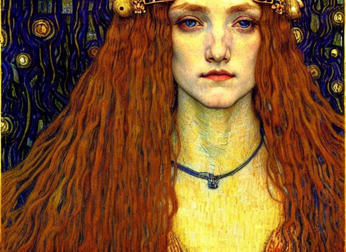 Image similar to detailed realistic beautiful young medieval queen face portrait by jean delville, gustav klimt and vincent van gogh, art nouveau, symbolist, visionary, gothic, pre - raphaelite, muted earthy colors, desaturated