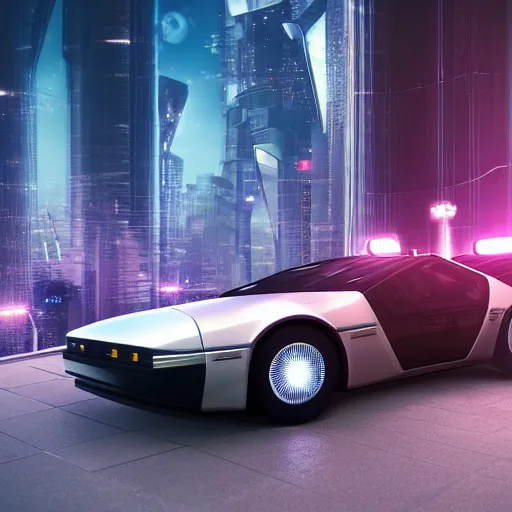 Image similar to a futuristic cyber city sharp photorealistic octane render, bokeh in the background only, a futuristic curvy delorean hover in the foreground, deep perspective