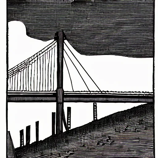 Image similar to steel suspension bridge built in 1 9 2 8, side view, puffy clouds in background, woodcut style, 8 k