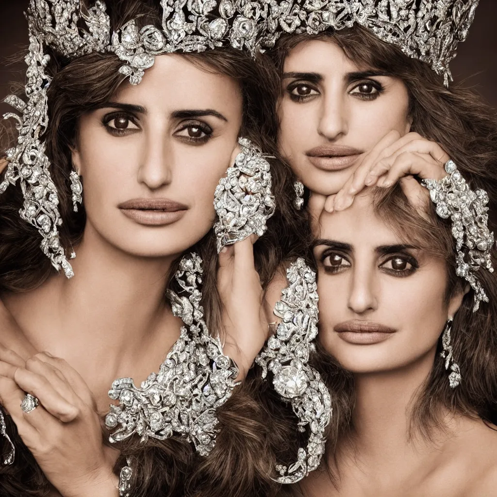 Prompt: penelope cruz as the queen of england, big crown adorned with emerald, diamonds, topaz and other jewellaries, sensual, beautiful soft light failling on her face, zoomed out, studio photography, nikon 3 5 mm portrait photography, ultra realistic