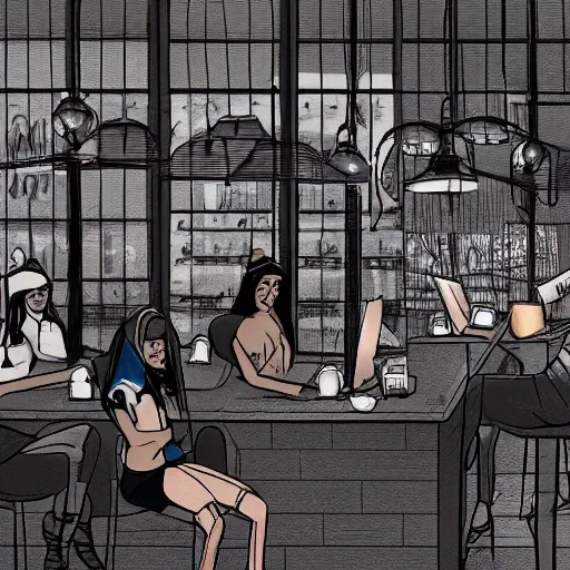 Image similar to hot girls sitting at starbucks being drawn by creepy guy in beanie, 8 k resolution, cinematic lighting, anatomically correct