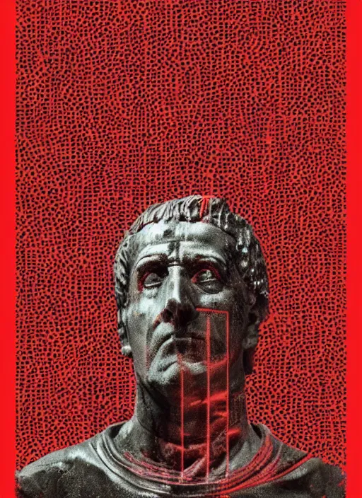 Image similar to design poster showing a statue of julius caesar, black background with very subtle red and purple design elements, powerful, nekro, graphic design, collage art, thin lines, dark, glitch art, neo vaporwave, gritty, layout frame, square, trending on artstation