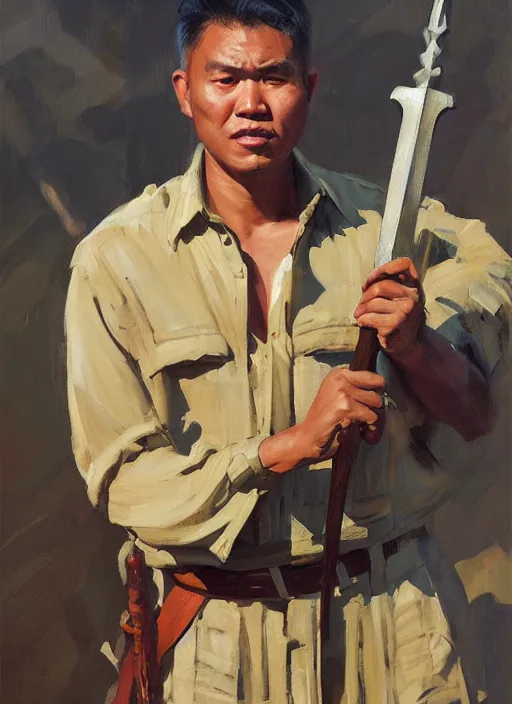 Image similar to greg manchess portrait painting of a filipino man holding a sword sitting on a tank, asymmetrical, profile picture, organic painting, sunny day, matte painting, bold shapes, hard edges, street art, trending on artstation, by huang guangjian, gil elvgren, ruan jia, randy vargas, greg rutkowski