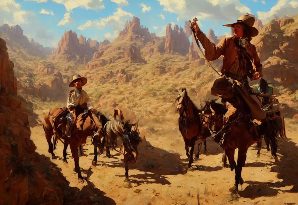 Image similar to greg manchess painting of wild west scenery in the year 1 8 5 0, painting, trending on artstation, by huang guangjian and gil elvgren and sachin teng