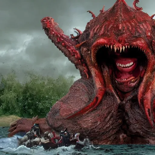 Image similar to chuck norris Fight with the giants cthulhu, cgi