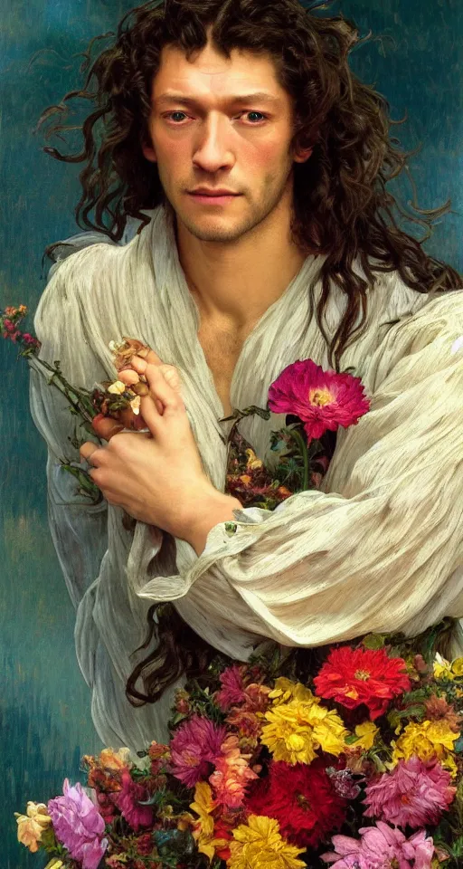 Prompt: close - up portrait of young romantic vincent cassel in le pacte des loups with long wavy hair, beautiful, holding colourful flowers bouquet, cinematic lighting, highly detailed, digital art, oil painting, highly detailed, sharp focus, matte painting, renaissance painting, by kinkade, by alphonse mucha, by leyendecker, by rutkowsky,