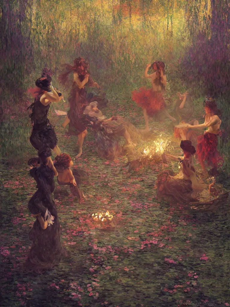 Image similar to illustration studio portrait of witches dancing and floating around a big firepit in artistic poses at the forest in a witch's dark coven, monet painterly motives and textures pattern, hyper detailed, octane render, vivid colors, artstation, by jeremy mann, by alphonse mucha, by monet