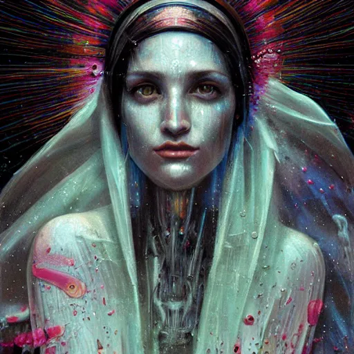 Image similar to portrait of virgin mary, cameras, melting ,8k,by tristan eaton,Stanley Artgermm,Tom Bagshaw,Greg Rutkowski,Carne Griffiths, Ayami Kojima, Beksinski, Giger,trending on DeviantArt,face enhance,hyper detailed,minimalist,cybernetic, android, blade runner,full of colour