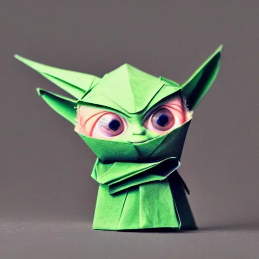 Image similar to baby yoda in origami!!, ( colorful, cute ) macro photo 5 d mk 2, bokeh