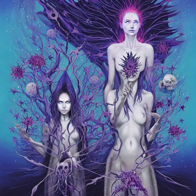 Image similar to non - ordinary girl of # magic the gathering, stars of spirit, by peter rohrabacher annatto finnstark | flowers of purity, future heaven plants by leiko ikemura, and ilya kuvshinov | sparkling atom fractules of skulls and mechs deep under the spine cords, by alex grey and hr giger