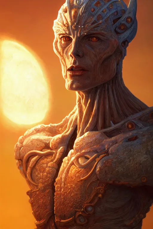 Image similar to humanoid god of the sun, highly detailed, d & d, fantasy, hyper detailed, digital painting, trending on artstation, apollo, concept art, sharp focus, illustration, art by artgerm and magali villeneuve and greg rutkowski and michael whelan, cryengine, 8 k realistic atmospheric lighting, frostbite 3 engine