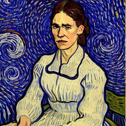 Prompt: detailed portrait of jacinda ardern as an 1890s peasant milkmaid sitting in her bedroom on a starry night painted by van gogh