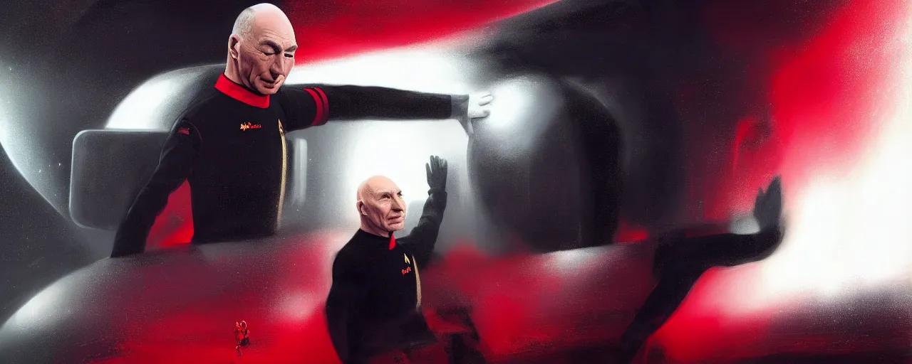 Image similar to duotone black and red concept 3 / 4 portrait of ( ( ( picard facepalm meme ) ) ) captain jean - luc picard doing facepalm inside uss enterprise. accidental renaissance. concept by stanley kubrick. sergey kolesov and ruan jia and heng z. graffiti art, scifi, fantasy, hyper detailed. octane render. trending on artstation