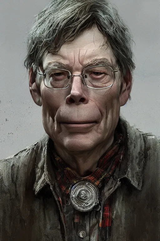 Image similar to Portrait of stephen king as hillbilly, shotgun, village, intricate, highly detailed, smooth, artstation, digital illustration by Ruan Jia and Mandy Jurgens and Artgerm and Wayne Barlowe and Greg Rutkowski and Zdislav Beksinski