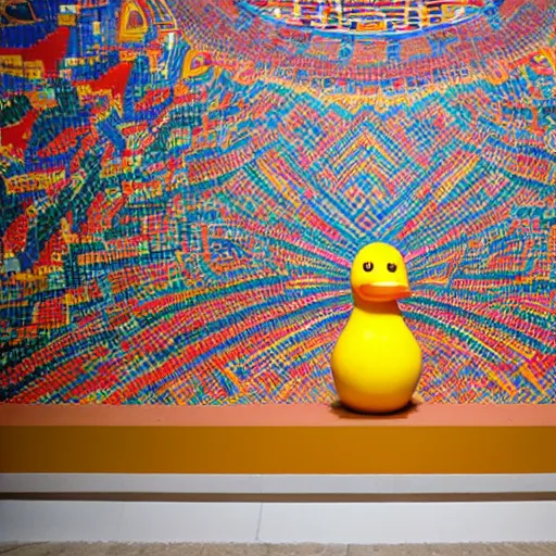 Image similar to wide shot, one! photorealistic rubber duck in foreground on a pedestal in an cavernous museum, the walls are covered floor to ceiling with colorful geometric wall paintings in the style of sol lewitt, tall arched stone doorways, through the doorways are more mural paintings in the style of sol lewitt.