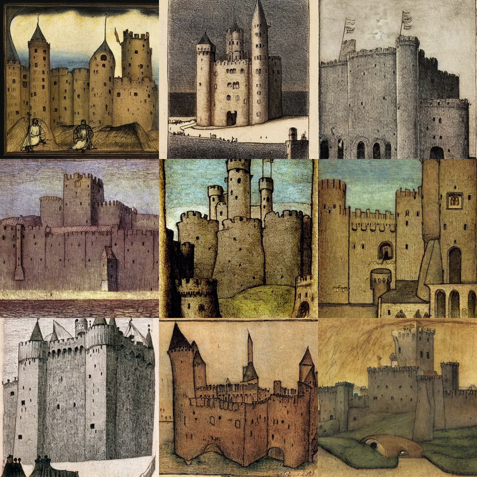 Prompt: medieval castle, colored, by alfred kubin