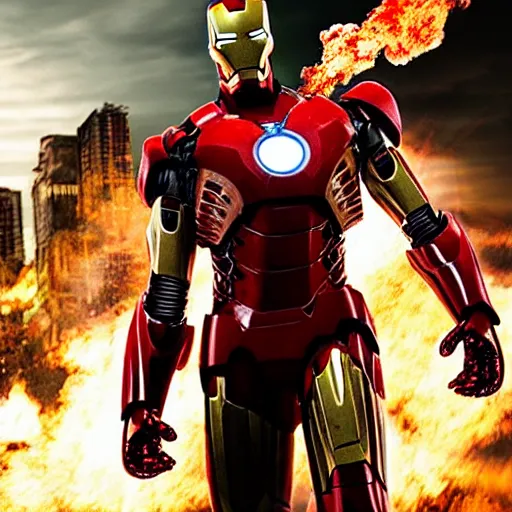 Image similar to < photo hd stunning gritty reimagined gaze = camera > iron man with a flamethrower, burning city in the background < / photo >