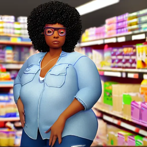 Image similar to high quality, highly detailed, still of black bbw woman in wal-mart, follow shot, 3d, in the style of pixar, comic book style, 3d, highly detailed, 16k resolution, octane renderer, coherent, cinematic lighting