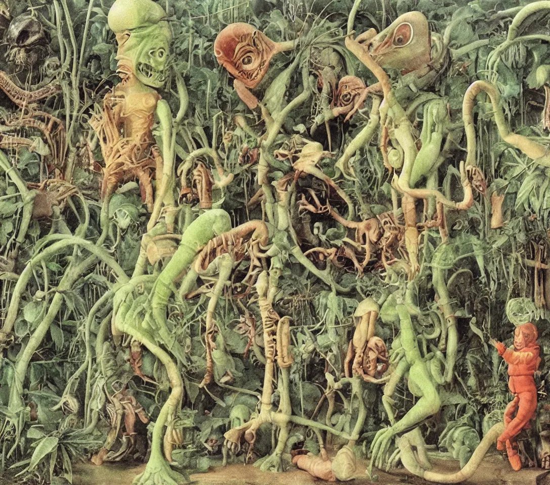 Image similar to 3 5 mm photography, kodachrome of grandparents with alien, creatures and alien plants inspired by bosch but in the real life