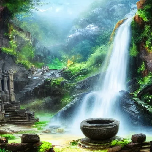 Image similar to temple ruins besides of a waterfall, fantasy art, cinematic