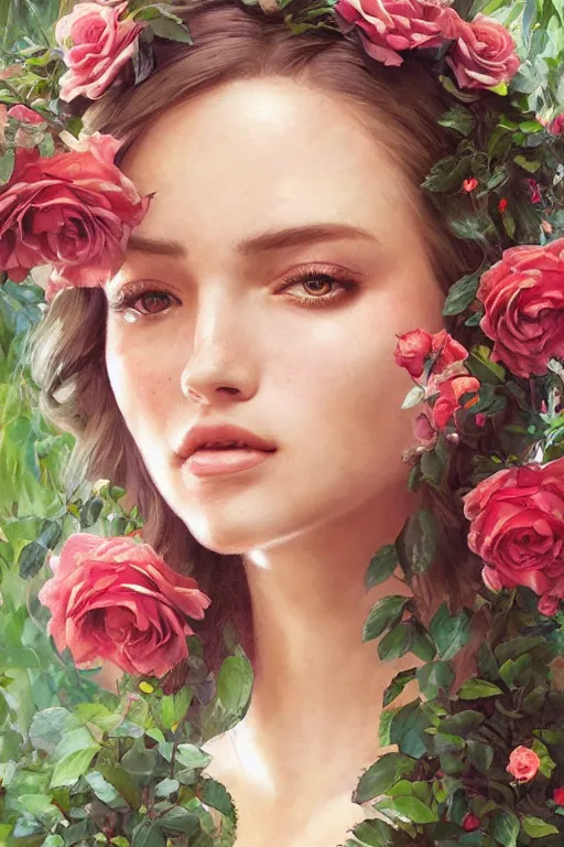 Image similar to beautiful woman in the middle of a lush garden with roses in her hair and an intricate gown, highly detailed, close - up portrait, artstation, art by artgerm and greg rutkowski,