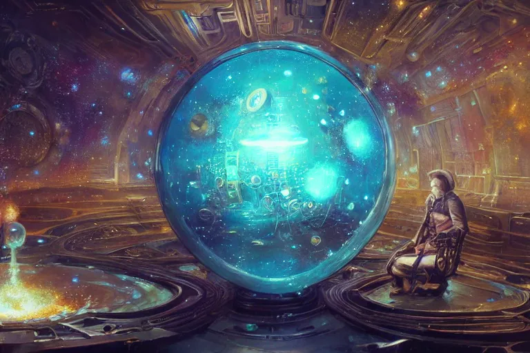 Prompt: A very highly detailed steampunk galaxy inside a resin cube on the table of a very highly detailed smooth futuristic lab digital concept art by Greg Rutkowski, neofuturistic highly detailed, digital concept art, Dimensional cyan gold natural light, sharp focus, realistic concept art by Stephen Hickman and James Gurney and Hiromasa Ogura rendered in Octane Render, From the distance