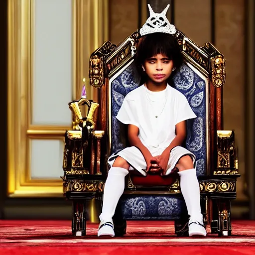 Prompt: little boy, prince sit on the throne chair in the throne room. he wear casual kings clothes and have crown on his head. guards protect him.