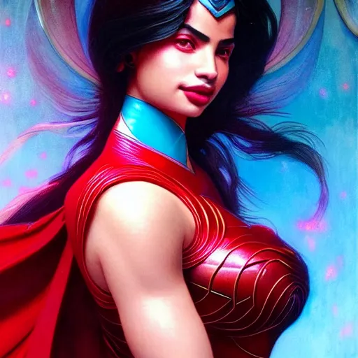 Image similar to anne curtis as darna, volumetric lights, red and cyan theme, art nouveau botanicals, intricate, highly detailed, digital painting, artstation, concept art, smooth, sharp focus, cinematic, illustration, beautiful face, art by artgerm and greg rutkowski and alphonse mucha