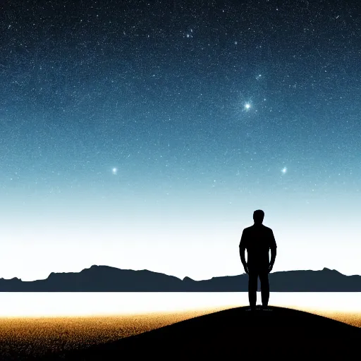 Image similar to 4K ultra HD detailed award-winning wallpaper silhouette of lonely man standing looking at Earth from far away huge vast sky universe