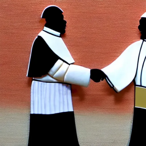 Prompt: the pope and a member of the crips street gang happily shaking hands with each other in a chicago neighborhood, 8 k, very detailed, very intricate,