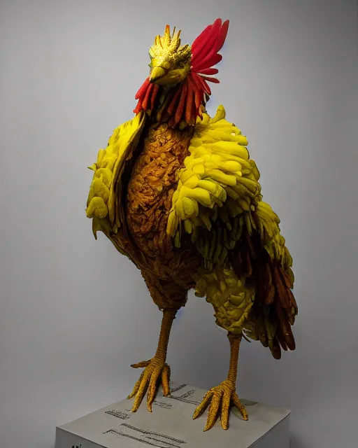 Prompt: maquette sculpture of a 7 foot tall giant chicken like prehistoric bird with iridescent feathers and wearing a yellow raincoat and gas mask. hyperreal