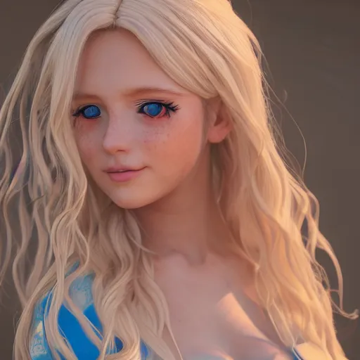 Image similar to Render of a beautiful 3d anime woman, long white hair, blue eyes, cute freckles, blush, full round face, soft smile, cute sundress, golden hour, serene beach setting, medium shot, mid-shot, hyperdetailed, trending on Artstation, Unreal Engine 4k