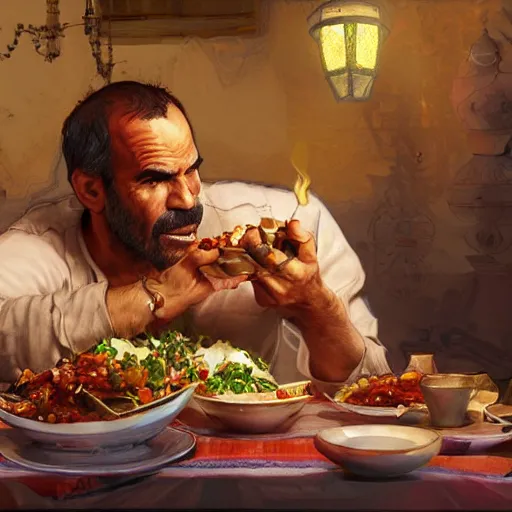 Image similar to trevor philips eating moroccan tagine, highly detailed, digital painting, artstation, concept art, smooth, sharp focus, illustration, art by artgerm and greg rutkowski and alphonse mucha