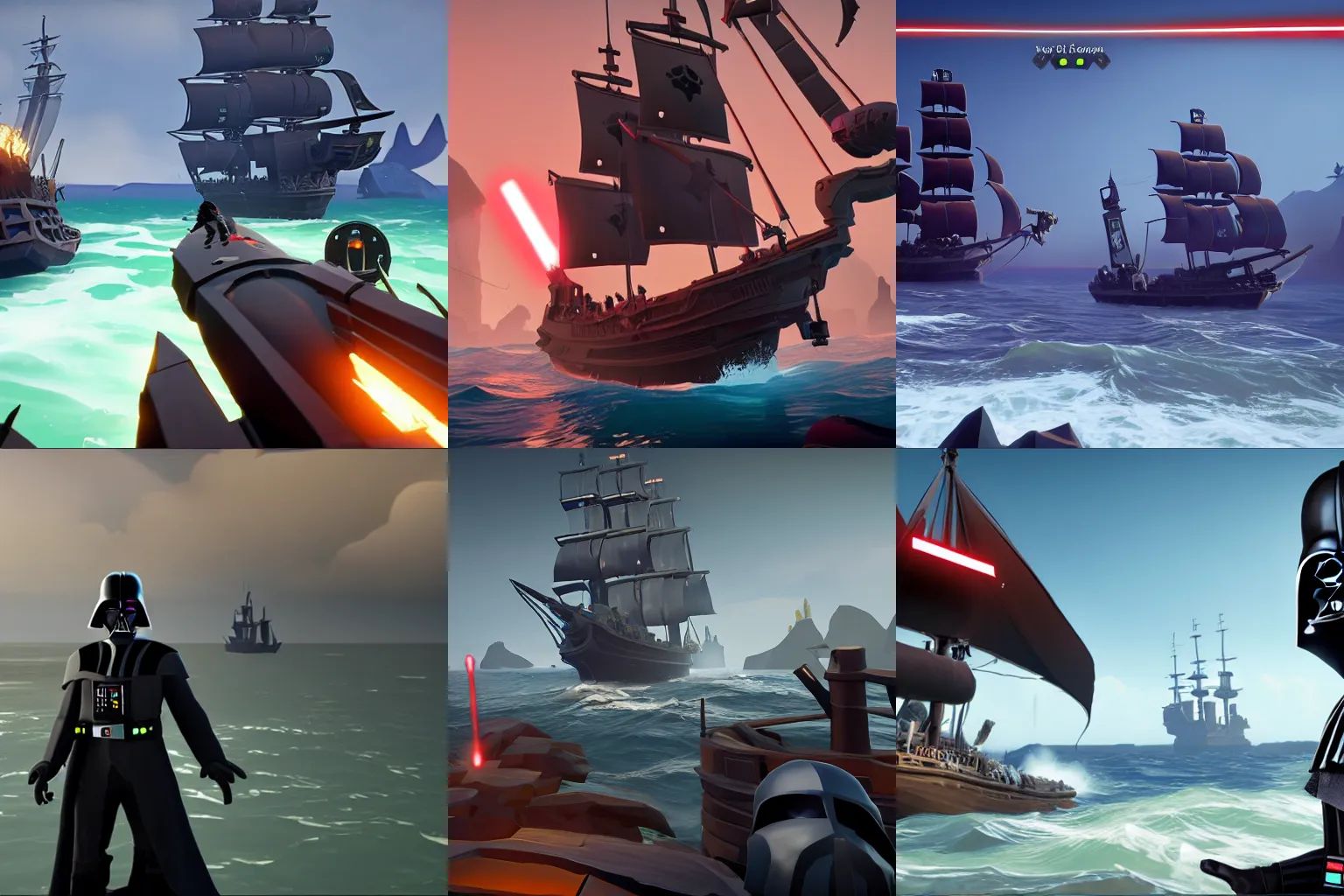 Prompt: darth vader in the sea of thieves game on the galleon